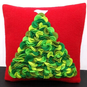 Crate & Barrel Merrie Christmas Tree Pillow Wool Blend Pillow 12" Square